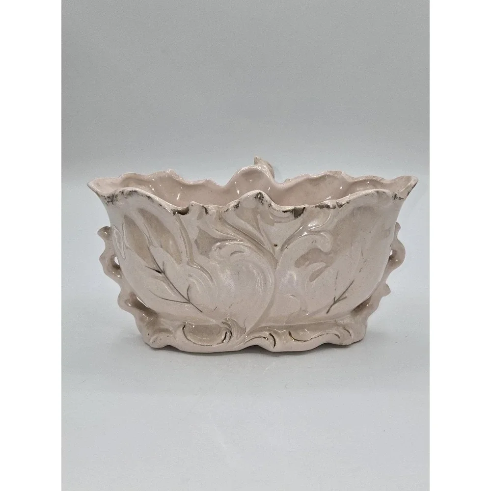 Vintage Pink Lusterware Planter Bird Floral Gold‎ Trim Ceramic Jardiniere 7